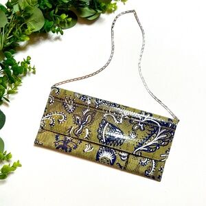 Carlos Falchi Snakeskin Leather Olive and Navy Paisley Clutch